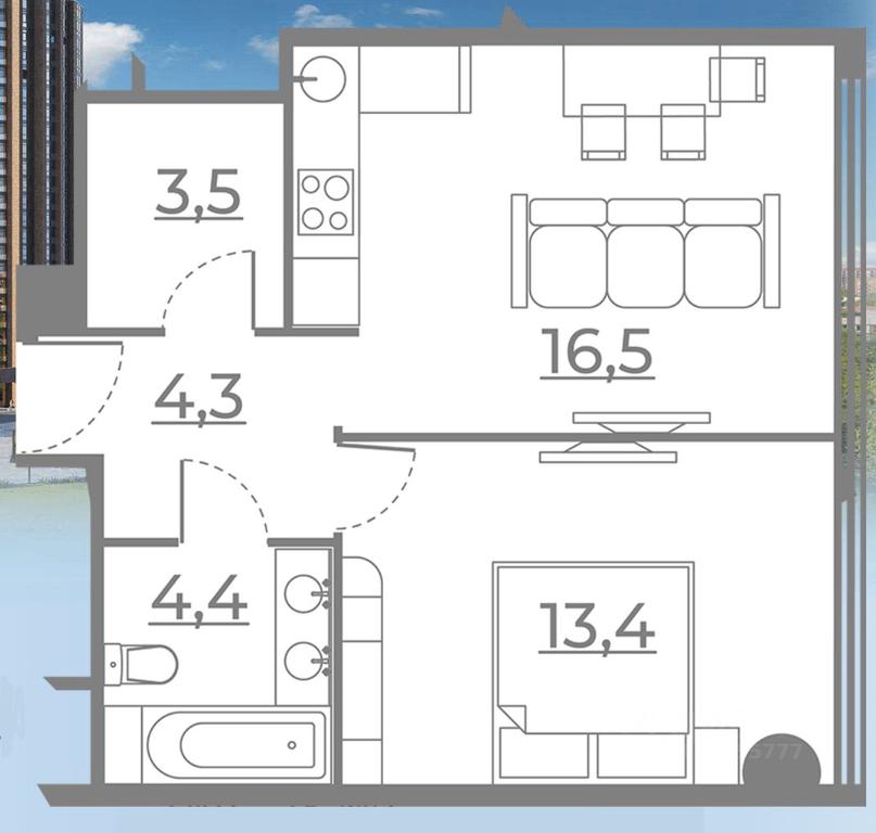 1-BD Apartment Sale, 42.03平方米 at Rezidentsiya Sokolniki, Sokolnichesky Val Street, 3, Moscow, Russia #1