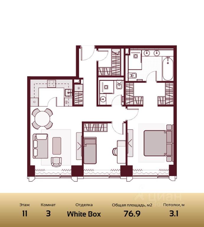 2-BD Apartment Sale, 76.9平方米 at Prime Park, Leningradskiy Avenue, 37, Moscow, Russia #1