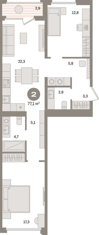 2-BD Apartment Sale, 77.1平方米 at Dom A, Dubininskaya Street, вл59к2, Moscow, Russia #1