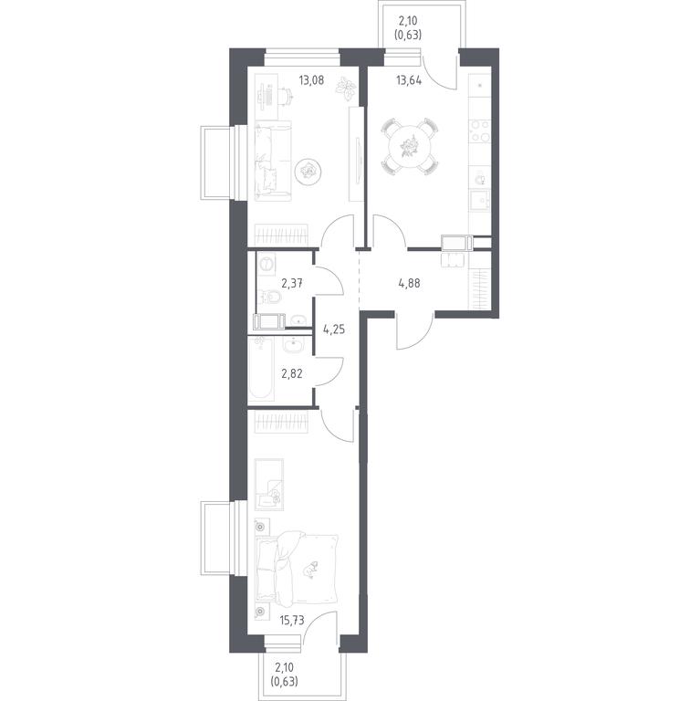 1-BD Apartment Sale, 58.03 sq. m. at Tomilino Park, 1-y kvartal, posyolok Zhilino-1, Lubertsy City District, Moscow Region, Russia #1