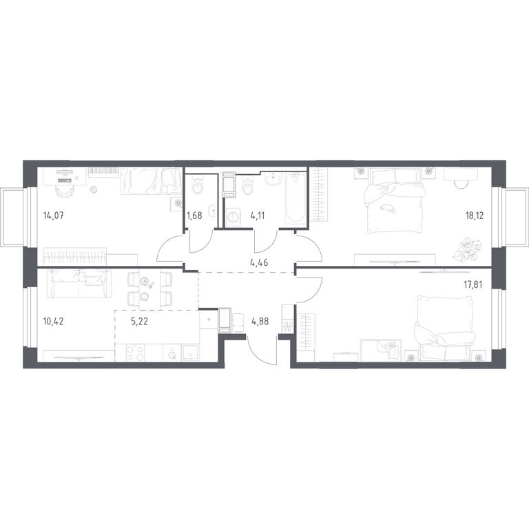 2-BD Apartment Sale, 80.77平方米 at Tomilino Park, 1-y kvartal, posyolok Zhilino-1, Lubertsy City District, Moscow Region, Russia #1