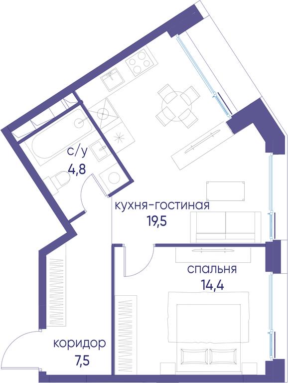 1-BD Apartment Sale, 46.2 sq. m. at Ostrov, Nizhnye Mnyovniki Street, 37Ас4, Moscow, Russia #1