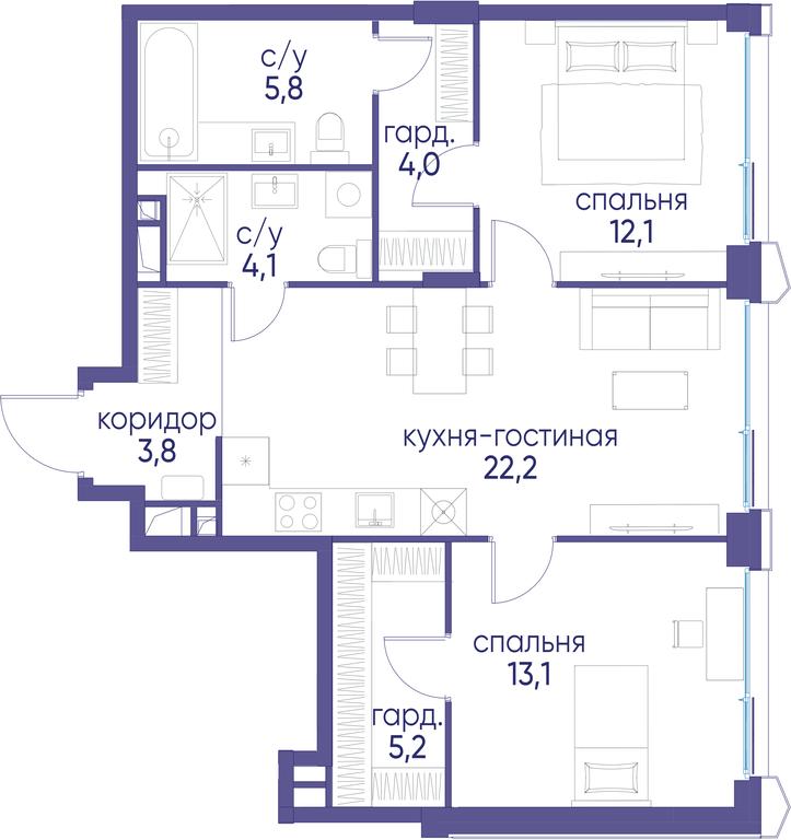 2-BD Apartment Sale, 70.3 sq. m. at Ostrov, Nizhnye Mnyovniki Street, 37Ас4, Moscow, Russia #1