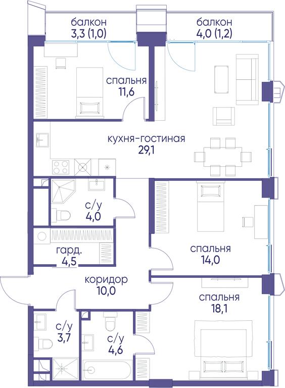 3-BD Apartment Sale, 101.8平方米 at Ostrov, Nizhnye Mnyovniki Street, 37Ас4, Moscow, Russia #1