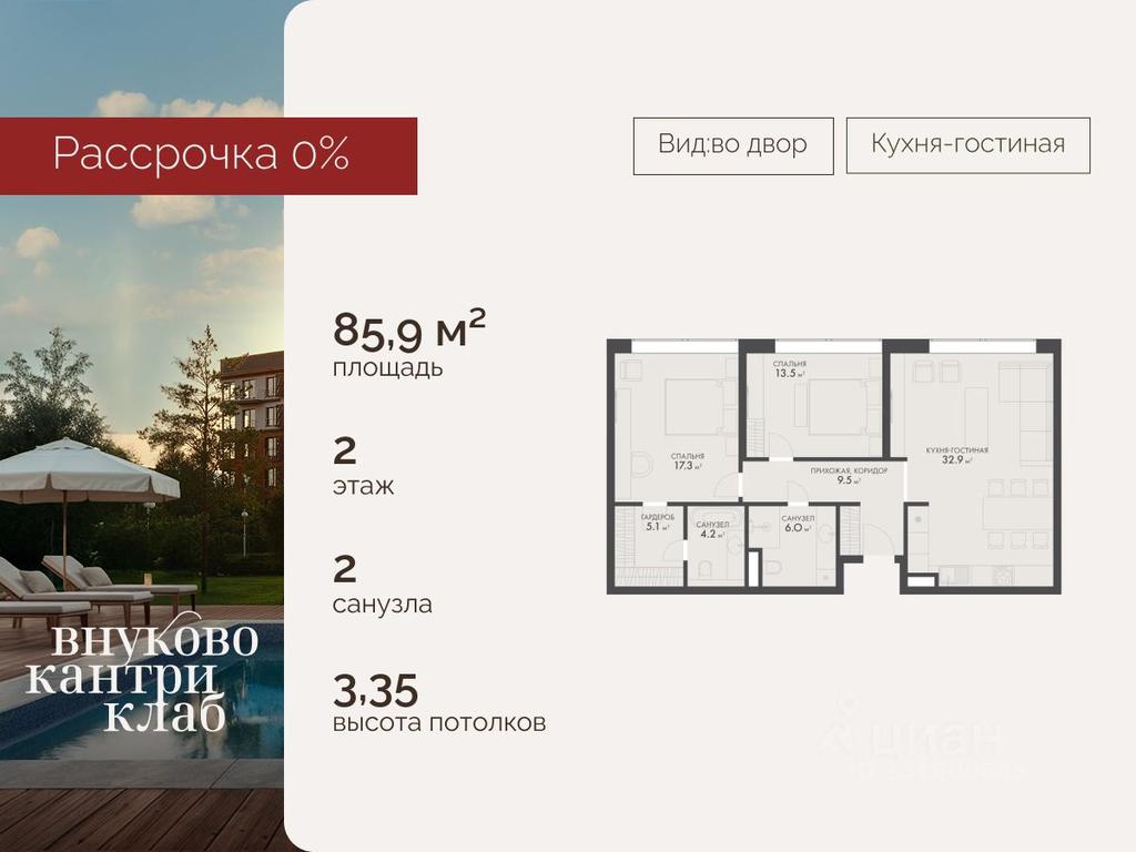 2-BD Apartment Sale, 85.9平方米 at Vnukovo Country Club (Vnukovo Kantri Klab), Lugovaya ulitsa, derevnya Rogozinino, Pervomayskoye Settlement, Moscow, Russia #2