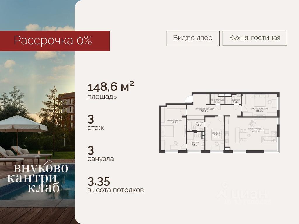 3-BD Apartment Sale, 148.6平方米 at Vnukovo Country Club (Vnukovo Kantri Klab), Lugovaya ulitsa, derevnya Rogozinino, Pervomayskoye Settlement, Moscow, Russia #2