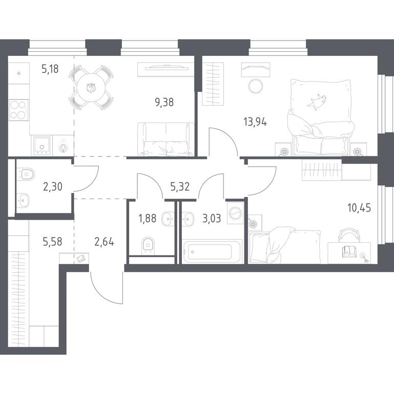 1-BD Apartment Sale, 59.7 sq. m. at Kvartal Strogino, zhiloy kompleks Kvartal Strogino, Krasnogorsk, Moscow Region, Russia #1