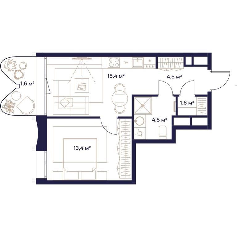 1-BD Apartment Sale, 41平方米 at Soyuz, Selskokhozyaystvennaya Street, Moscow, Russia #1