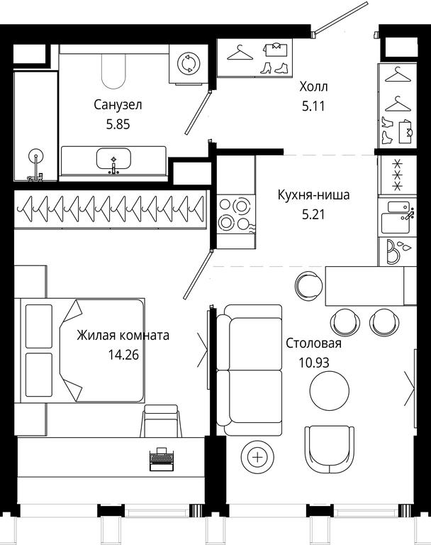 1-BD Apartment Sale, 41.36平方米 at Mod, 4th Maryinoy Roschi Street, 12с9, Moscow, Russia #1
