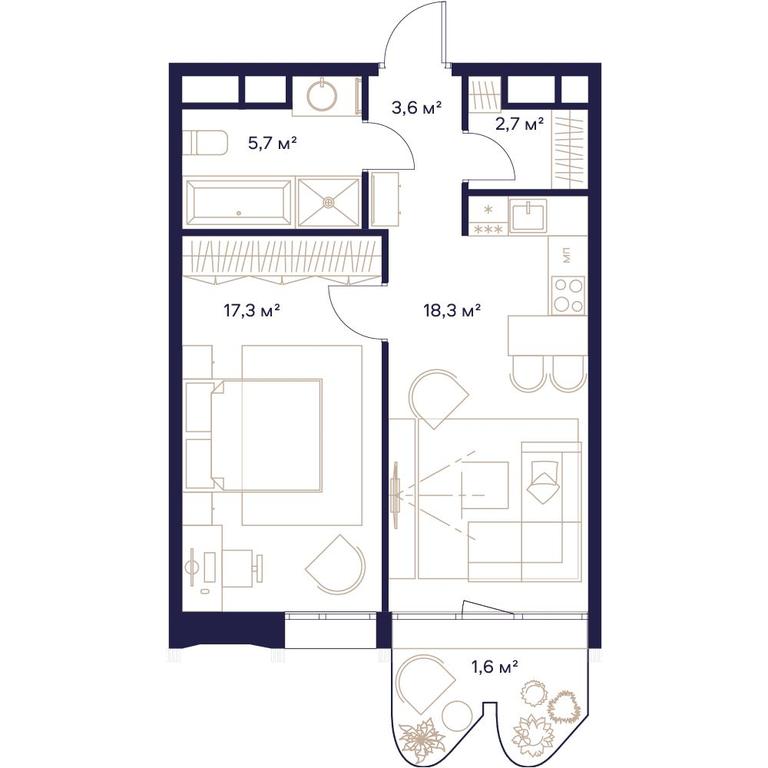 1-BD Apartment Sale, 49.3平方米 at Soyuz, Selskokhozyaystvennaya Street, Moscow, Russia #1