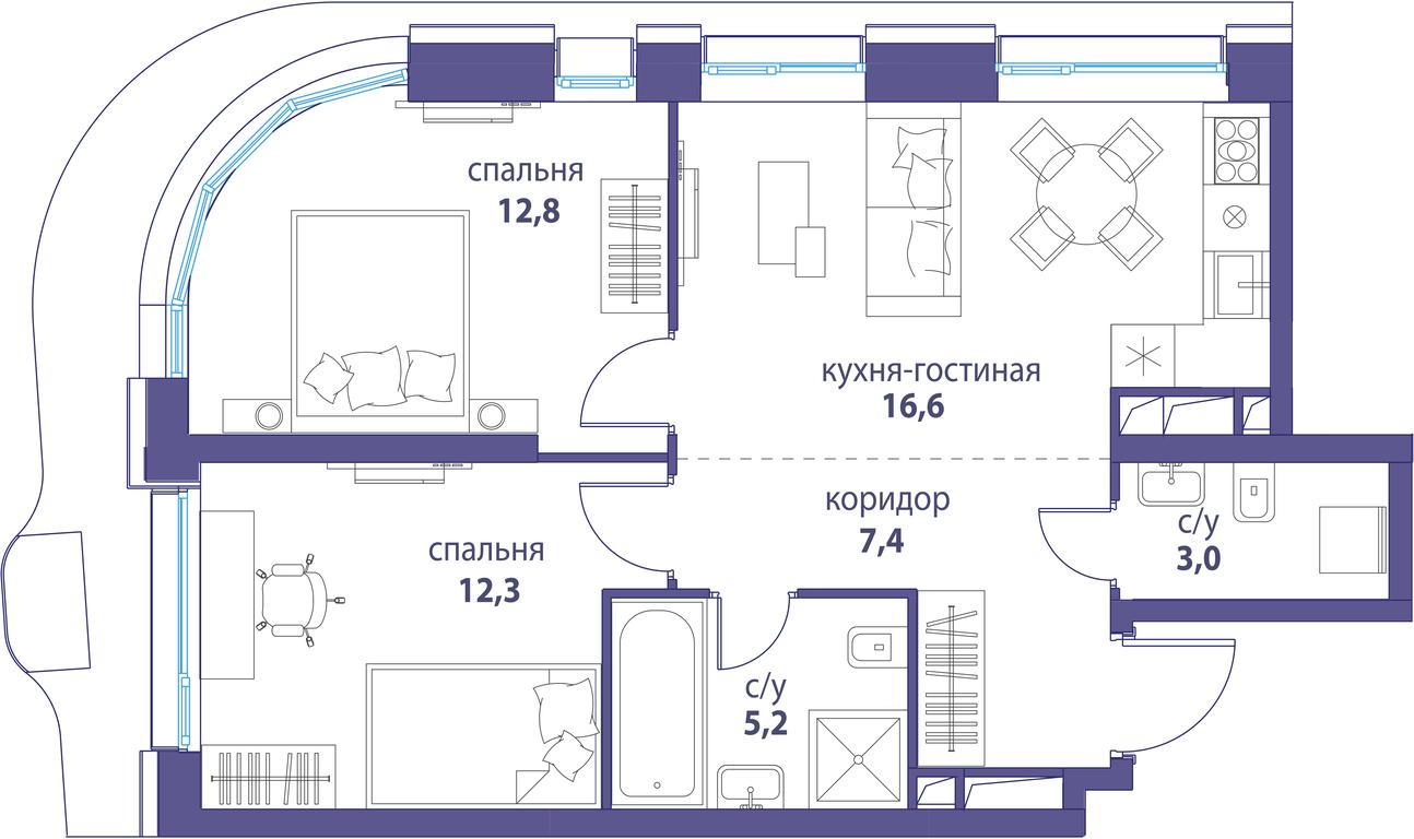 2-BD Apartment Sale, 57.3 sq. m. at Simvol, Nevelskogo Drive, 6к1, Moscow, Russia #1