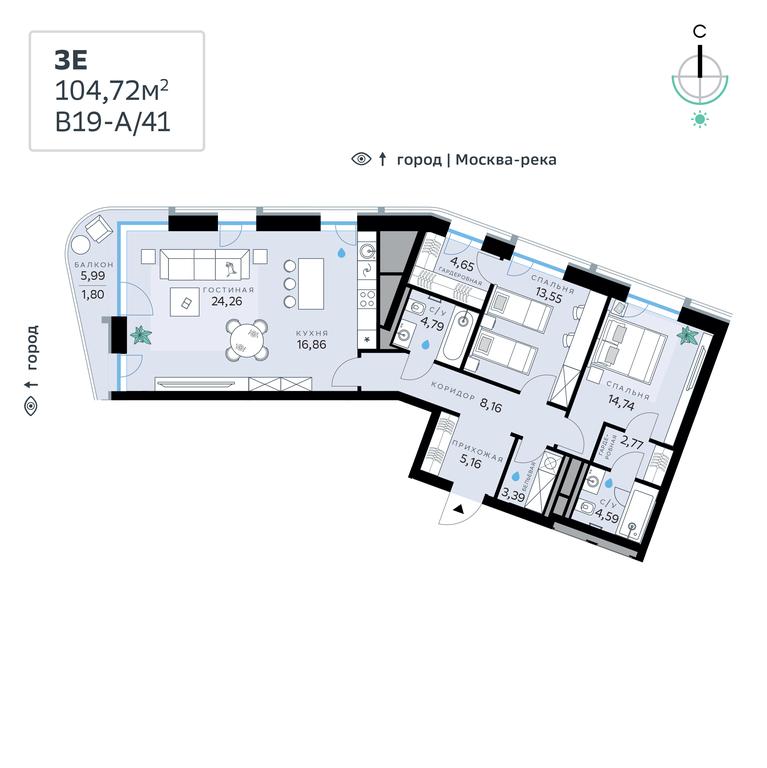 2-BD Apartment Sale, 104.72 sq. m. at SberCity, zhiloy kompleks Sbersiti, Rublyovo-Arkhangelskoye Microdistrict, Moscow, Russia #1
