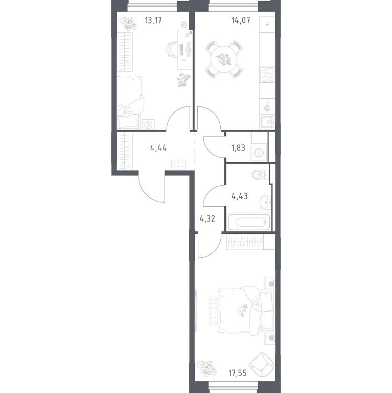 1-BD Apartment Sale, 59.81 sq. m. at Pribrezhnyi Park, Pribrezhniy Park Residential Complex, Village of Yam, Domodedovo City District, Moscow Region, Russia #1