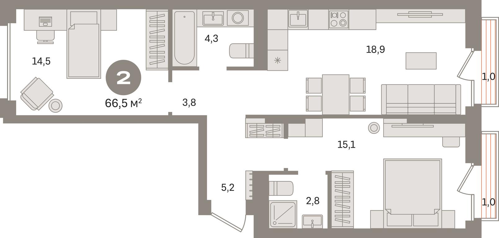 2-BD Apartment Sale, 66.5 sq. m. at Pervy kvartal, Kalinovaya ulitsa, derevnya Sapronovo, Leninskiy City District, Moscow Region, Russia #1