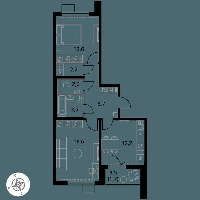 2-BD Apartment Sale, 59.5平方米 at Pervy Yuzhny, zhiloy kompleks Pervy Yuzhny, Leninskiy City District, Moscow Region, Russia #1