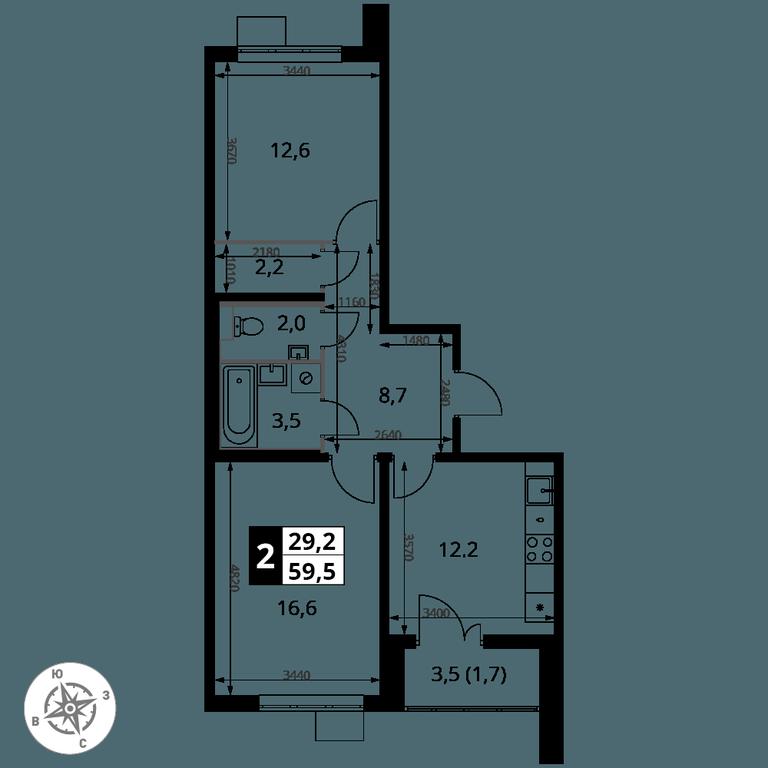 2-BD Apartment Sale, 59.5平方米 at Pervy Yuzhny, zhiloy kompleks Pervy Yuzhny, Leninskiy City District, Moscow Region, Russia #2