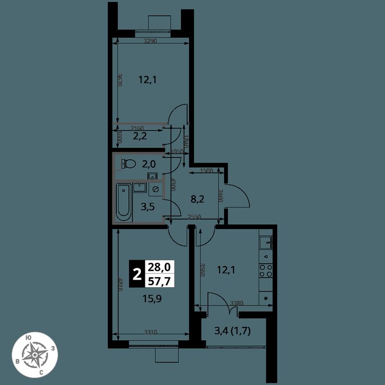 2-BD Apartment Sale, 57.7平方米 at Pervy Yuzhny, zhiloy kompleks Pervy Yuzhny, Leninskiy City District, Moscow Region, Russia #2
