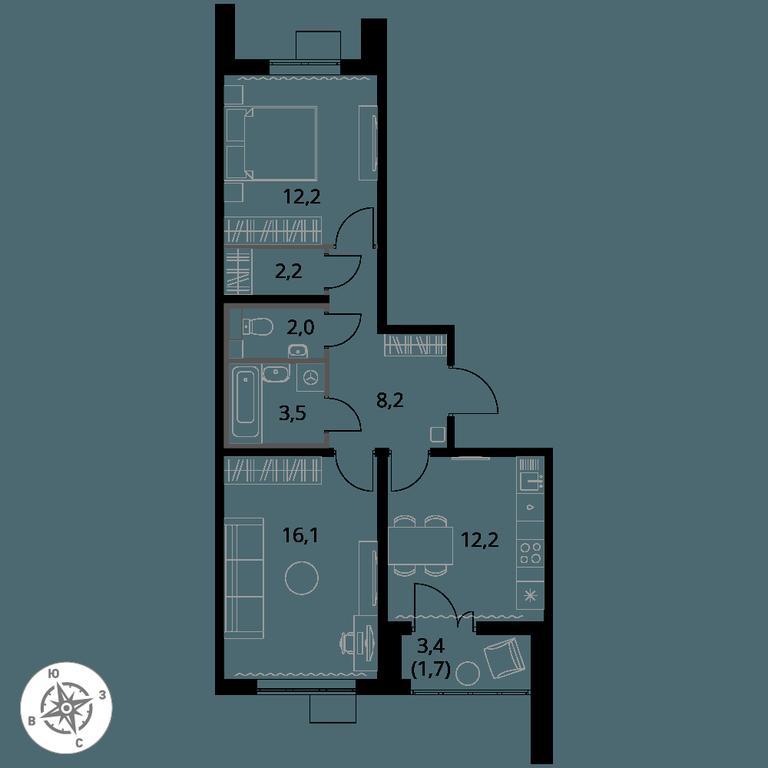 2-BD Apartment Sale, 58.1平方米 at Pervy Yuzhny, zhiloy kompleks Pervy Yuzhny, Leninskiy City District, Moscow Region, Russia #1