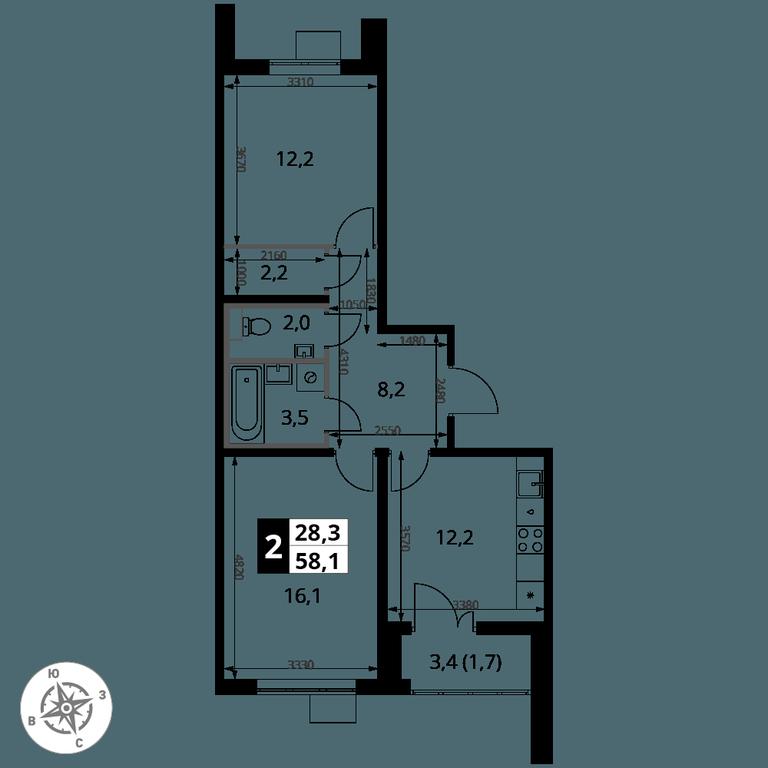 2-BD Apartment Sale, 58.1平方米 at Pervy Yuzhny, zhiloy kompleks Pervy Yuzhny, Leninskiy City District, Moscow Region, Russia #2