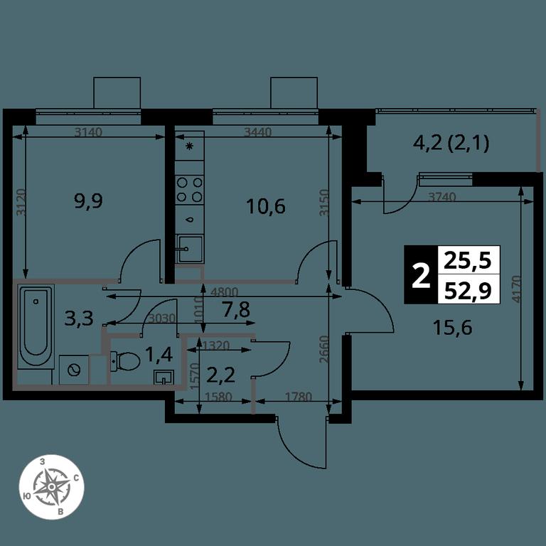 2-BD Apartment Sale, 52.9平方米 at Pervy Yuzhny, zhiloy kompleks Pervy Yuzhny, Leninskiy City District, Moscow Region, Russia #2