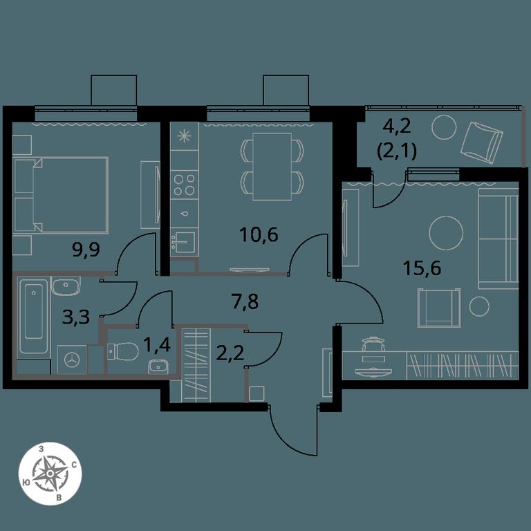 2-BD Apartment Sale, 52.9平方米 at Pervy Yuzhny, zhiloy kompleks Pervy Yuzhny, Leninskiy City District, Moscow Region, Russia #1