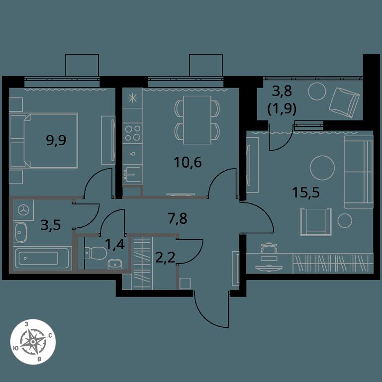 2-BD Apartment Sale, 52.8 sq. m. at Pervy Yuzhny, zhiloy kompleks Pervy Yuzhny, Leninskiy City District, Moscow Region, Russia #1