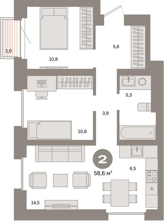 2-BD Apartment Sale, 58.6 sq. m. at Kvartal Metronom, Tagilskaya Street, Moscow, Russia #1