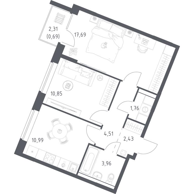 1-BD Apartment Sale, 52.88平方米 at Kvartal Zapadnyj, kvartal № 76, Marushkinskoye Settlement, Moscow, Russia #1