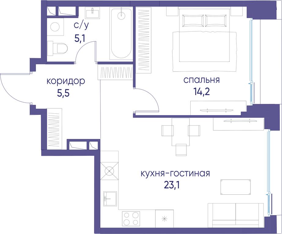 1-BD Apartment Sale, 47.9 sq. m. at Ostrov, Nizhnye Mnyovniki Street, 37Ас4, Moscow, Russia #1