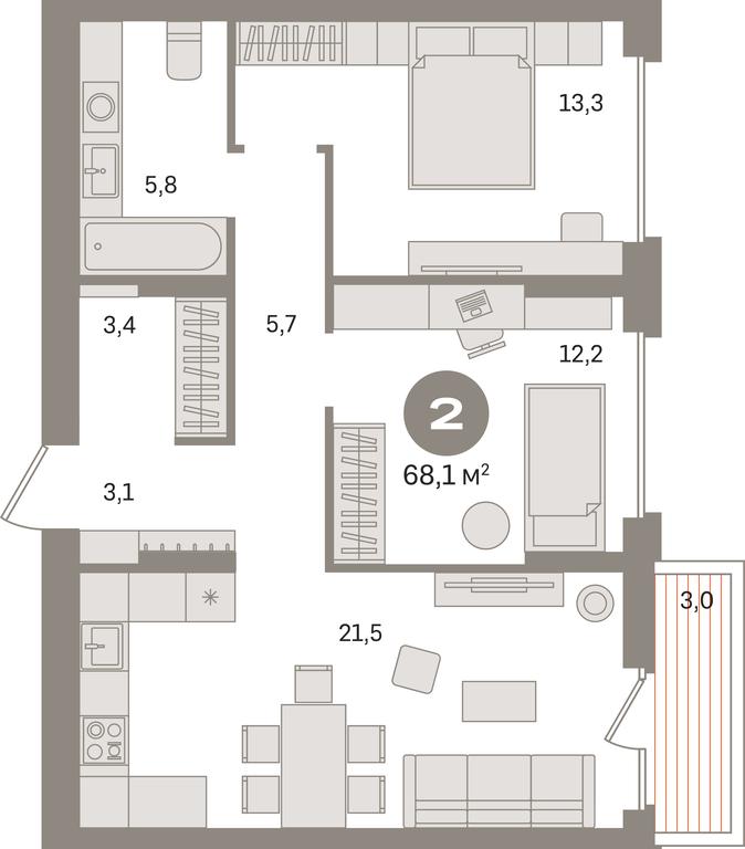2-BD Apartment Sale, 68.1 sq. m. at Pervy kvartal, Kalinovaya ulitsa, derevnya Sapronovo, Leninskiy City District, Moscow Region, Russia #1