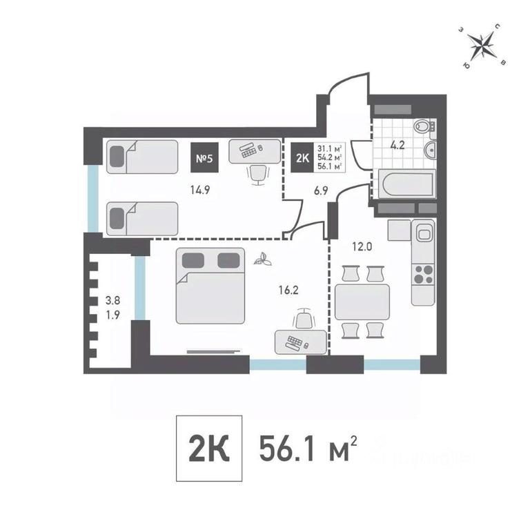 1-BD Apartment Sale, 56.1平方米 at Zelenograd Rivera, ulitsa Lyotchika Polagushina, Zelenograd, Moscow, Russia #1
