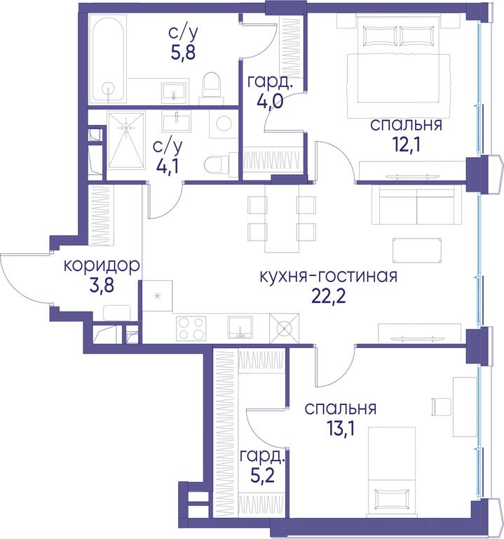 2-BD Apartment Sale, 70.3平方米 at Ostrov, Nizhnye Mnyovniki Street, 37Ас4, Moscow, Russia #1