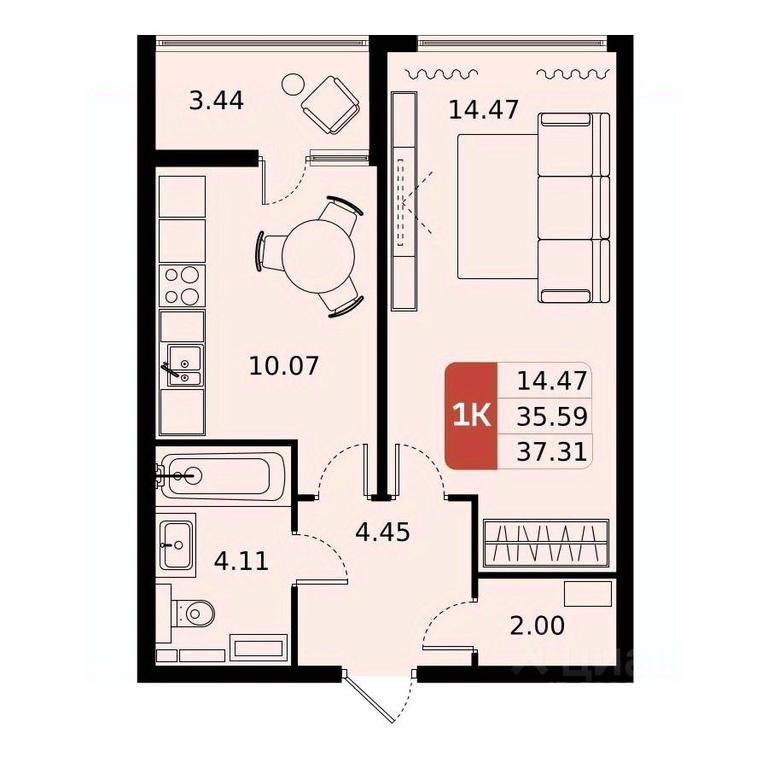 Apartment Sale, 37.31平方米 at Domodedovo park, Tvorchestva Street, Domodedovo Village, Domodedovo City District, Moscow Region, Russia #1