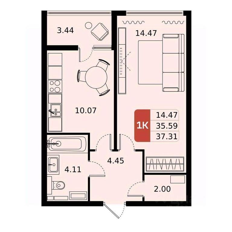 Apartment Sale, 37.31平方米 at Domodedovo park, Tvorchestva Street, Domodedovo Village, Domodedovo City District, Moscow Region, Russia #1