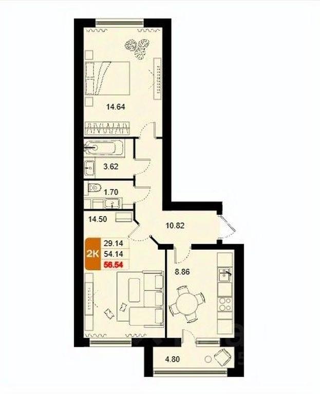 1-BD Apartment Sale, 56.54平方米 at Domodedovo park, Tvorchestva Street, Domodedovo Village, Domodedovo City District, Moscow Region, Russia #1