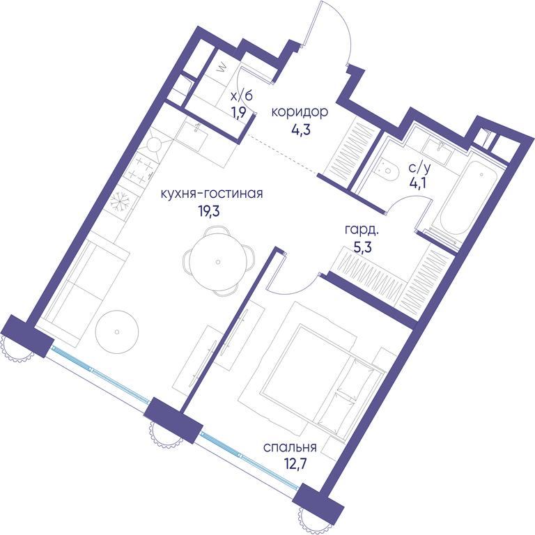 1-BD Apartment Sale, 47.4 sq. m. at Ostrov, Nizhnye Mnyovniki Street, 37Ас4, Moscow, Russia #1