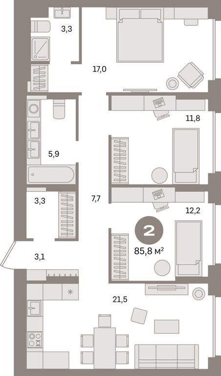 3-BD Apartment Sale, 85.8 sq. m. at Pervy kvartal, Kalinovaya ulitsa, derevnya Sapronovo, Leninskiy City District, Moscow Region, Russia #1