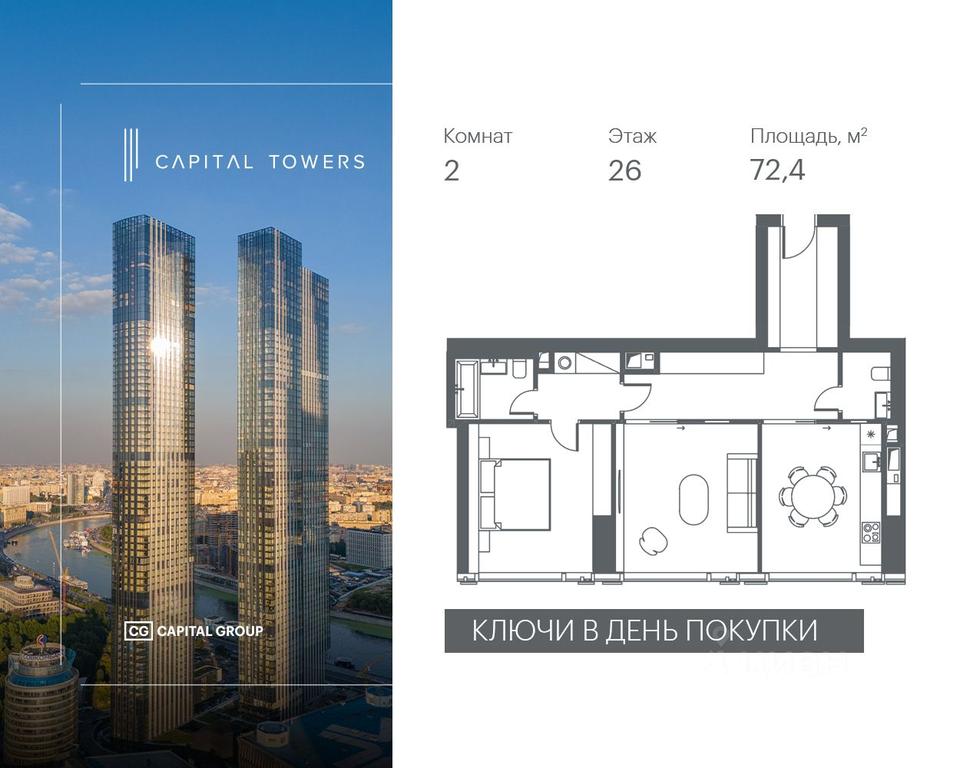 1-BD Apartment Sale, 72.4 sq. m. at Capital Towers (Kapital Tauers), Krasnopresnenskaya Embankment, 14соор1, Moscow, Russia #1