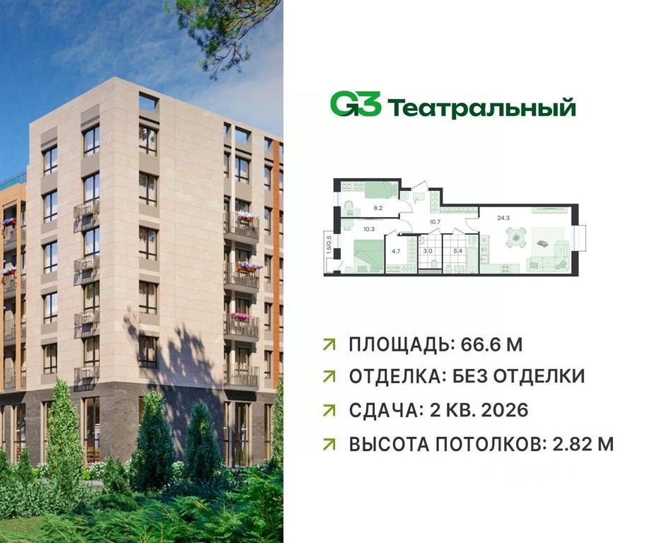 1-BD Apartment Sale, 66.6 sq. m. at G3 Teatralny, Teatralnaya ulitsa, rabochiy posyolok Ilyinskiy, Ramenskiy Urban District, Moscow Region, Russia #1