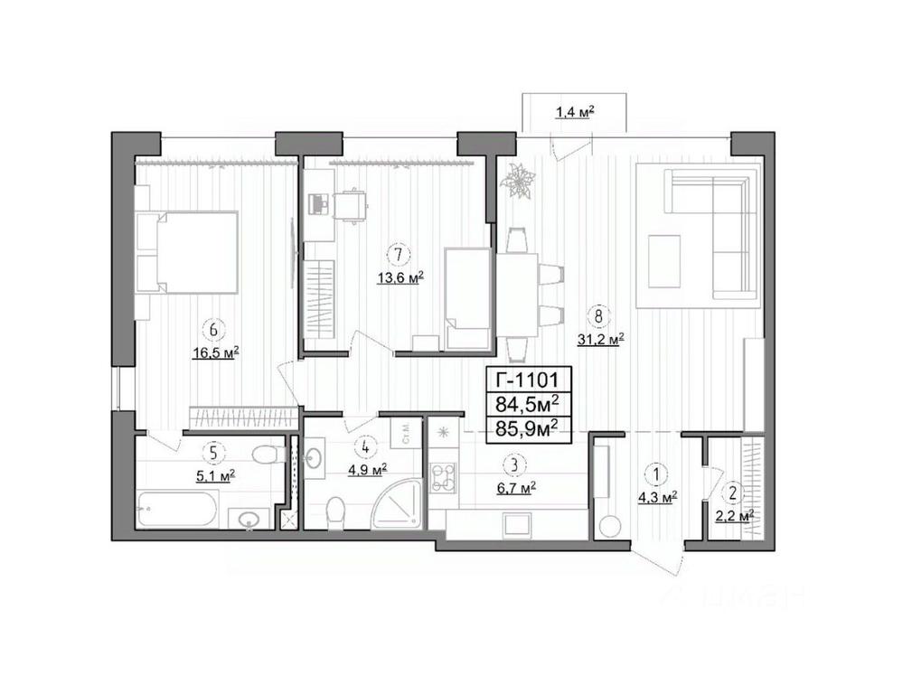 2-BD Apartment Sale, 85.9 sq. m. at Kompleks apartamentov LES (Les), Novoyasenevskiy Avenue, 3В, Moscow, Russia #1