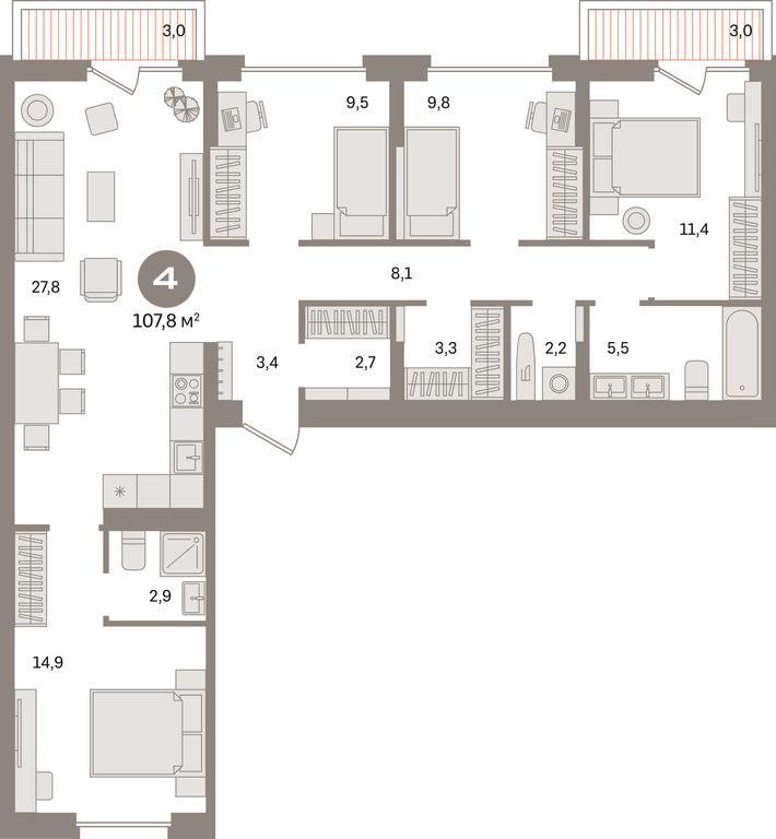 4-BD Apartment Sale, 107.8 sq. m. at Pervy kvartal, Kalinovaya ulitsa, derevnya Sapronovo, Leninskiy City District, Moscow Region, Russia #1