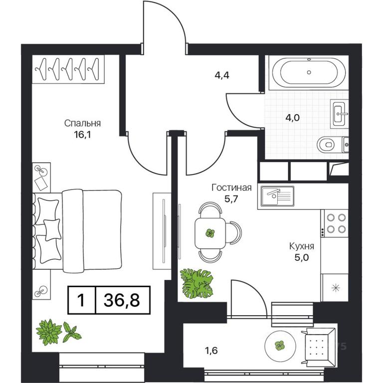Apartment Sale, 36.8 sq. m. at Pushkino Grad, Polevaya ulitsa, selo Bratovshchina, Pshkinskiy Urban District, Moscow Region, Russia #1
