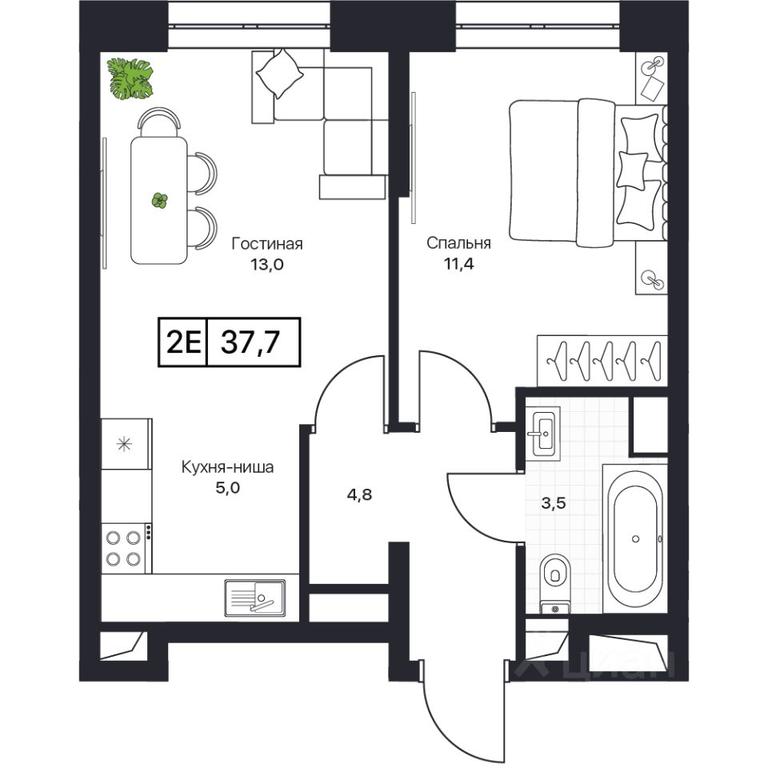 Apartment Sale, 37.7平方米 at Pushkino Grad, Polevaya ulitsa, selo Bratovshchina, Pshkinskiy Urban District, Moscow Region, Russia #1