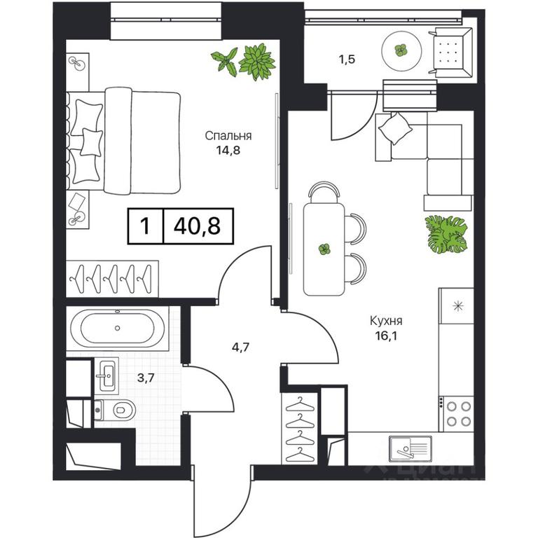 Apartment Sale, 40.8平方米 at Pushkino Grad, Polevaya ulitsa, selo Bratovshchina, Pshkinskiy Urban District, Moscow Region, Russia #1