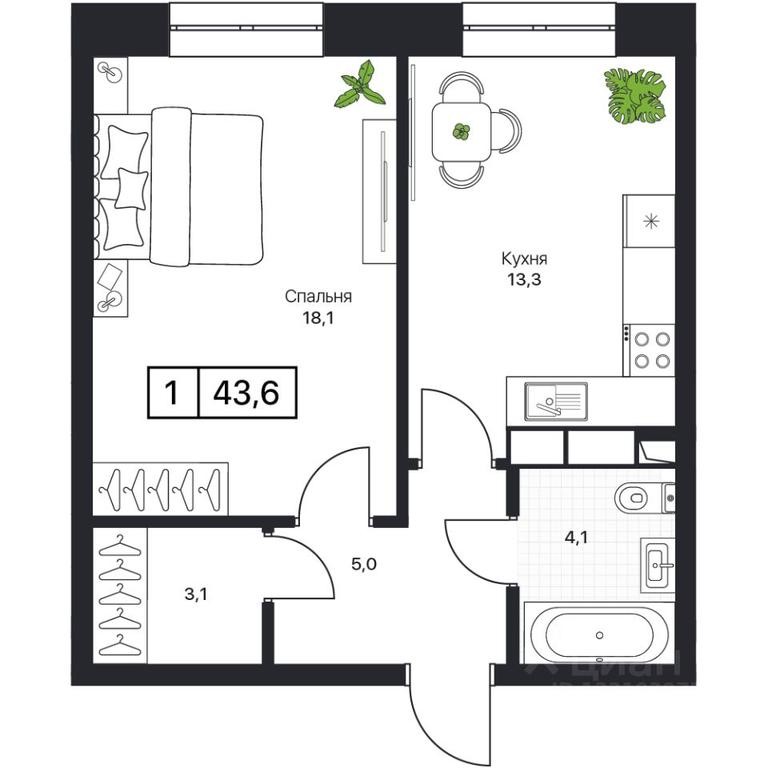 Apartment Sale, 43.6 sq. m. at Pushkino Grad, Polevaya ulitsa, selo Bratovshchina, Pshkinskiy Urban District, Moscow Region, Russia #1