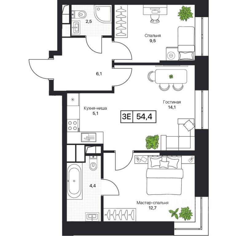 1-BD Apartment Sale, 54.4 sq. m. at Pushkino Grad, Polevaya ulitsa, selo Bratovshchina, Pshkinskiy Urban District, Moscow Region, Russia #1