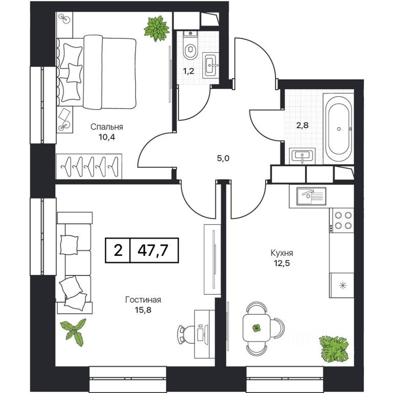 1-BD Apartment Sale, 47.7平方米 at Pushkino Grad, Polevaya ulitsa, selo Bratovshchina, Pshkinskiy Urban District, Moscow Region, Russia #1