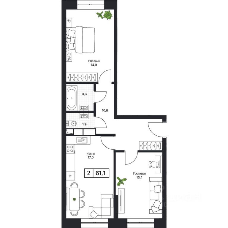 1-BD Apartment Sale, 61.1 sq. m. at Pushkino Grad, Polevaya ulitsa, selo Bratovshchina, Pshkinskiy Urban District, Moscow Region, Russia #1