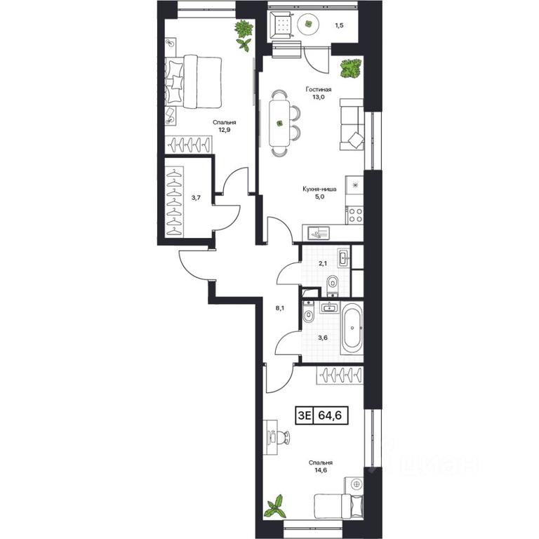 1-BD Apartment Sale, 64.6 sq. m. at Pushkino Grad, Polevaya ulitsa, selo Bratovshchina, Pshkinskiy Urban District, Moscow Region, Russia #1