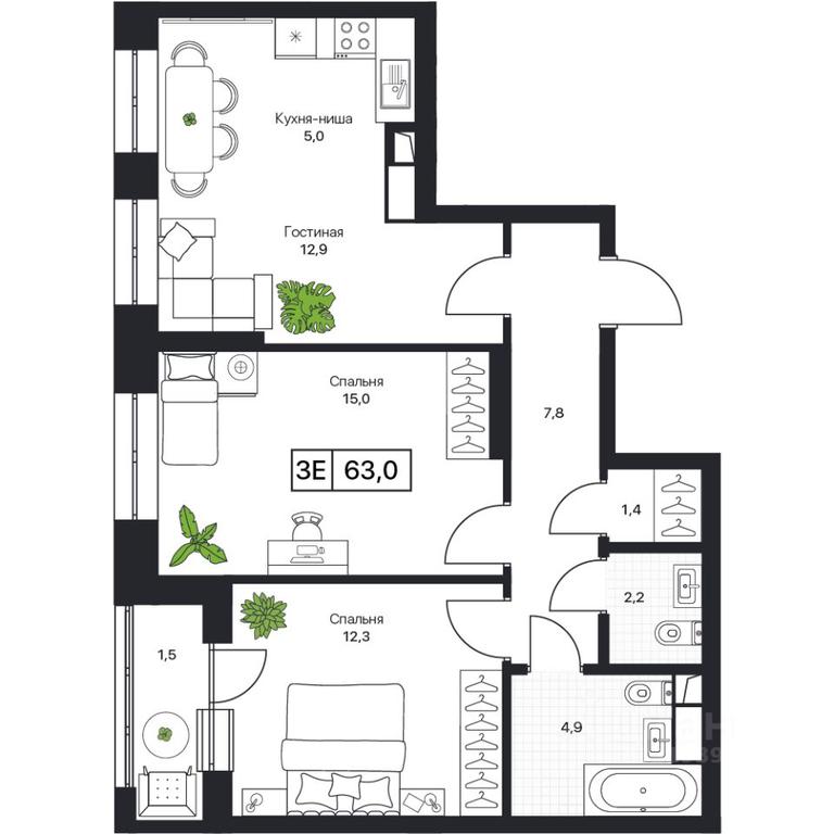 1-BD Apartment Sale, 63平方米 at Pushkino Grad, Polevaya ulitsa, selo Bratovshchina, Pshkinskiy Urban District, Moscow Region, Russia #1